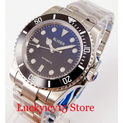 BLIGER BLACK BLUE Dial Mechanical Wristwatch NH35 MIYOTA 8215 Movement No Cyclops Steel Bracelet Sapphire Crystal