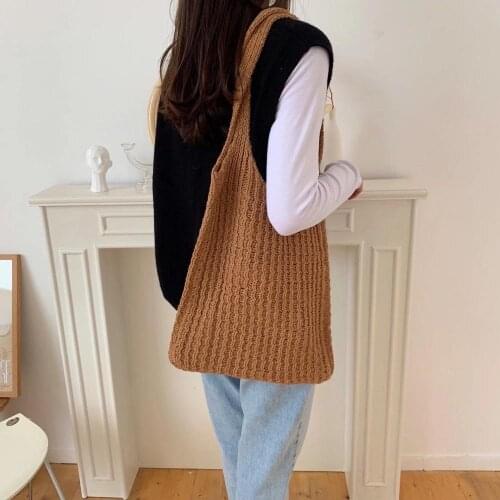Fashion Female Knitting Bag Handmade Cotton Wool Rope Crochet Woven Bag Trend Women Handbag Korean Style Shoulder Bag For Ladies
