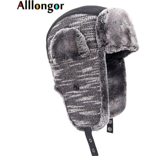 Bomber Hats Winter Men 2020 Warm Russian Ushanka Hat with Ear Flap Knitted Pu Leather Fur Trapper Cap Earflap Ski Snow Hats