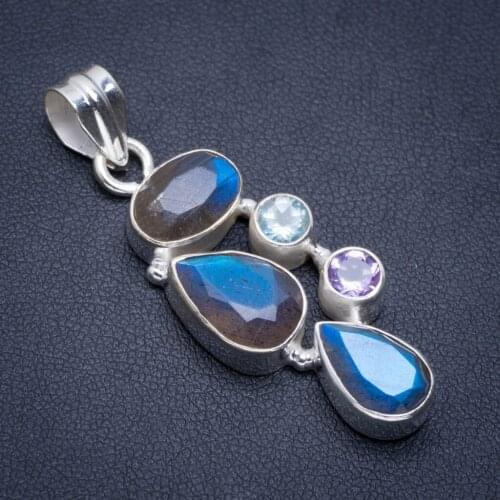 Natural Labradorite,Blue Topaz and Amethyst Handmade Unique 925 Sterling Silver Pendant 1.75" A1729