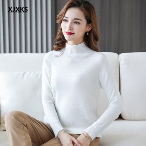 XJXKS Pure color all-match 100% wool knitted sweater women pullover sweater autumn winter 2021 new women turtleneck sweater