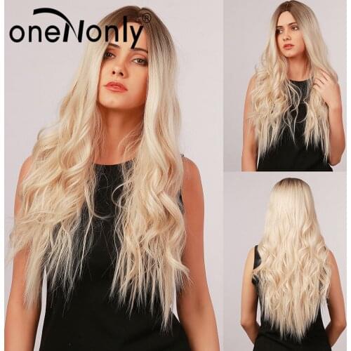 OneNonly Long Body Wave Ombre Brown Light Blonde Gray Synthetic Wigs for White Black Women Cosplay Natural Hair Heat Resistant