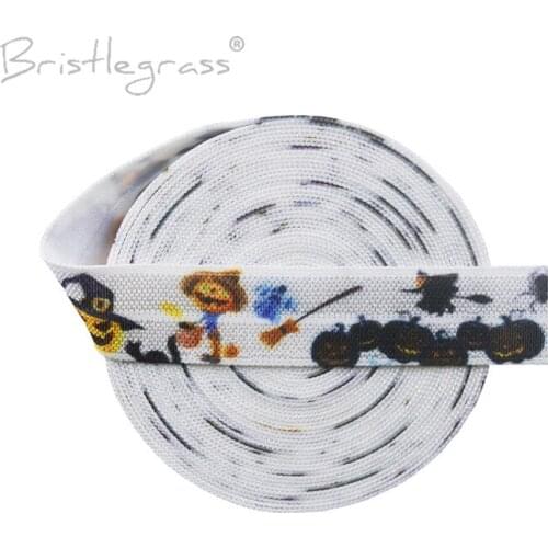 BRISTLEGRASS Wholesale 50 Yard 5/8" 15mm Halloween Pumpkin Print Fold Over Elastics FOE Spandex Satin Band Hair Tie Dress Sewing