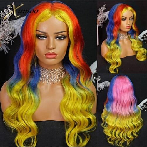 XUMOO 100% Brazilian Human Hair Ombre Rainbow Colorfu Lace Front Wigs Natural Hairline Body Wave Yellow Red Cosplay Lace Frontal