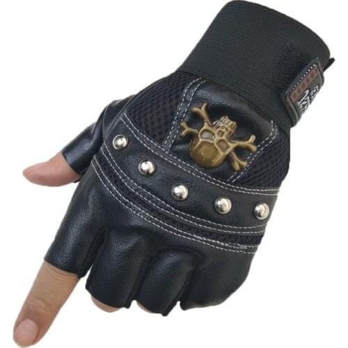 Skulls Rivet PU Leather Fingerless Gloves Men Women Fashion Hip Hop Womens Gym Punk Gloves Half Finger Mens Gloves