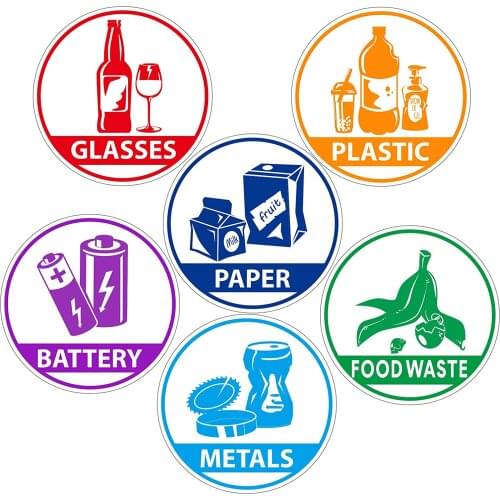 Recycling Sorting Sticker Signs Decals - Paper, Aluminum, Plastic, Glass (Set of 4 Stickers) Waterproof Car Sticker Decal Decor