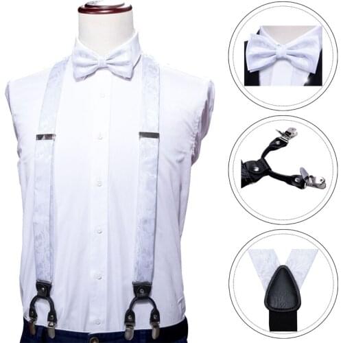 White Suspender for Men Silk Elastic Pants Braces Strap Strap Floral Bowtie Set Cufflinks Adjustable Suspender for Gift BD-2006