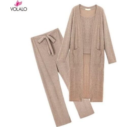 Casual Tracksuit Women 3 Pieces Set Knitted Pullover Sweaters Tops Deep V-neck Long Sleeve Sweatshirt Pants Womens Sets