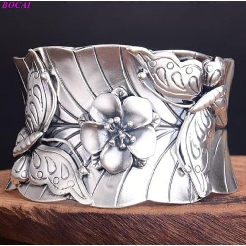 BOCAI S999 Sterling Silver Bracelet For Women Female Retro Crafts Man Butterfly Exaggerated Opening Pure Silver Bracelet