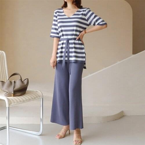 Korean Knitted Two Piece Pants Set Women V-neck Striped Pullover + Wide Leg Pants Matching Set Casual Fashion Loose Pants Set