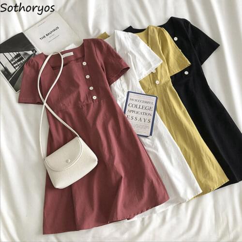 Temperament Dress Women Square Collar Solid Mini Tunic Slim Button Student Summer Clothing Females Korean Style Hipster Soft New