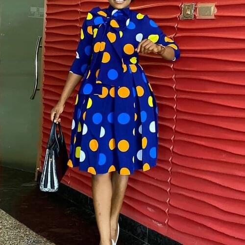 Women Polka Dot Printed Dress Elegant Bow Three Quarter Sleeves High Waist Ball Gown Pleated African Fashion Office Ladies Robes