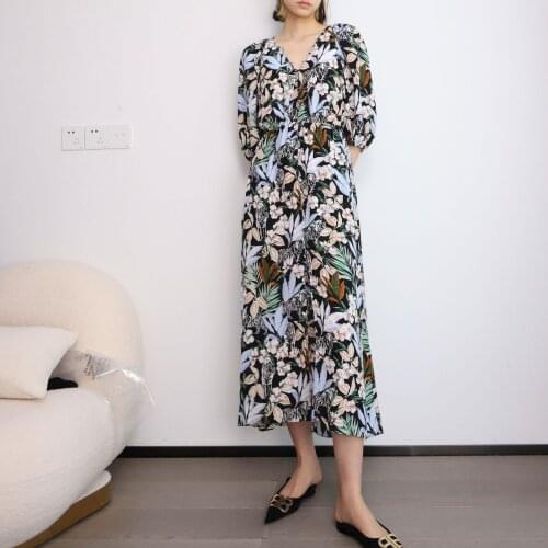 21 spring and summer new womens jungle flower full body print 5-point Lantern Sleeve high waist long dress