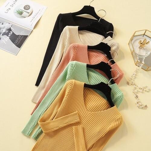 8 Colours Women Basic V-neck Solid Autumn Winter Sweater Pullover Female Knitted sweater Ladies Slim Long Sleeve Bodycon Sweater