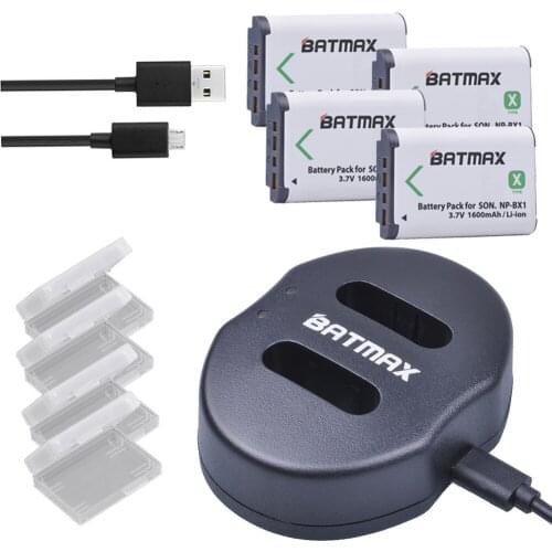 Batmax 4pcs 1600mAh NP-BX1 NPBX1 NP BX1 Batteries+Dual USB Charger for Sony HDR-AS100v AS30 DSC-RX100 HX400 WX350 Camera