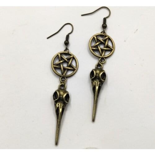 Bronze Inverted pentacle, raven skull earrings.Bird skull earrings,gothic dangle long earrings,halloween gift