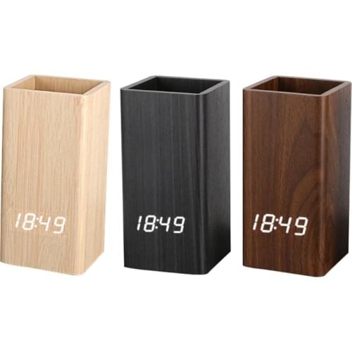 Voice Control Digital Wooden Pen Holder Alarm Clock Creative Student Desktop USB/Battery Operated LED Pencil Organizer