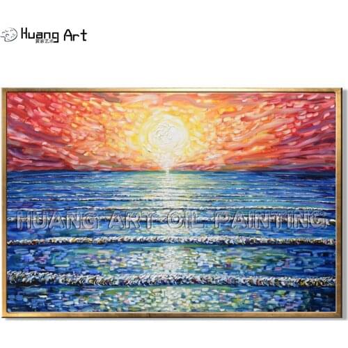 Good Skill Painter Handmade Knife Sea Landscape Oil Painting on Canvas for Room Decor Modern Sunrise Seascape Wall Painting