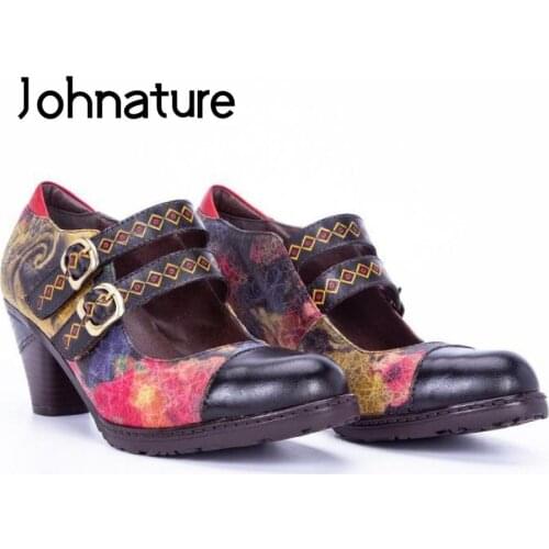 Johnature Pumps Women Shoes Genuine Leather High Heels 2020 New Retro Round Toe Casual Buckle Strap Platform Ladies Shoes