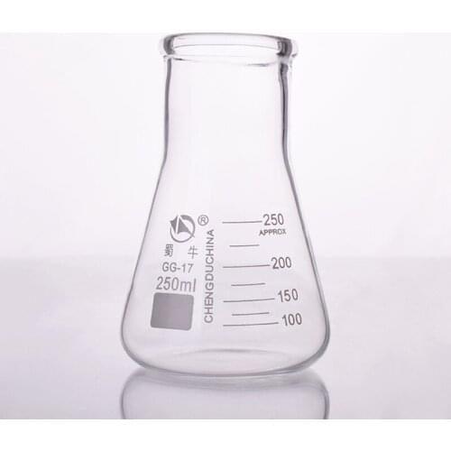 Conical flask,Wide neck with graduations,Capacity 250ml,O.D. of neck 52mm,Erlenmeyer flask with normal neck