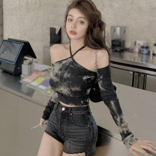 Fashion T-Shirt Women Outfit Casual Bodycon Tee Solid Strapless Halter Crop Top Cross Rribbed Lace Up Long Sleeve Patchwork
