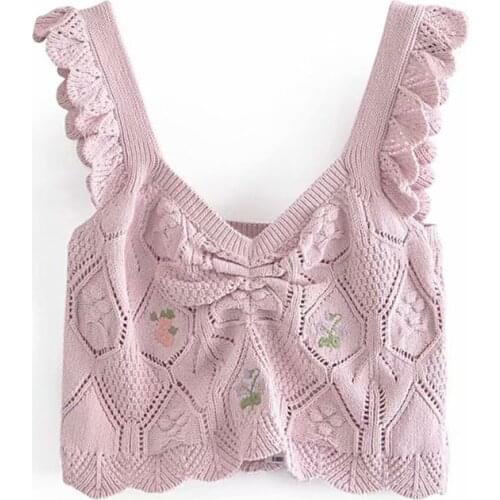MXTIN 2021 Women Sweet Ruffle Floral Cropped Knitted Tank Tops Vintage V Neck Backless Thin Straps Female Camis Chic Tops