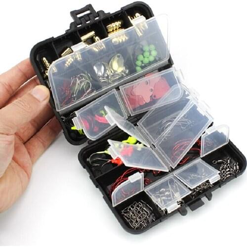 128pcs Fishing Accessory Set Hooks Swivels Snap Jigs Hooks Sinker Stoppers Kit with Black Plastic Fishing Tackle Box for Lures/B