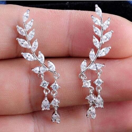 2016 NEW Fashion CZ Leaves Stud Earrings for Women Double Cubic Zircon Tassel Earrings