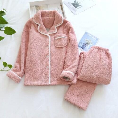 Autumn Winter Women Flannel Pajamas Sets Pink/Gray Girls Sleepwear Suit Thick Warm Pyjamas Soft Long Sleeve Female Pijamas
