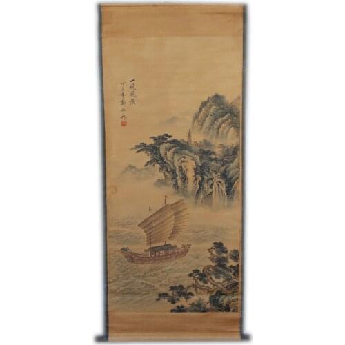 Rare Hand-painted QingDyansty Chinese vertical axis paintings,Landscape scenery,sailboat,hand drawn, free shipping