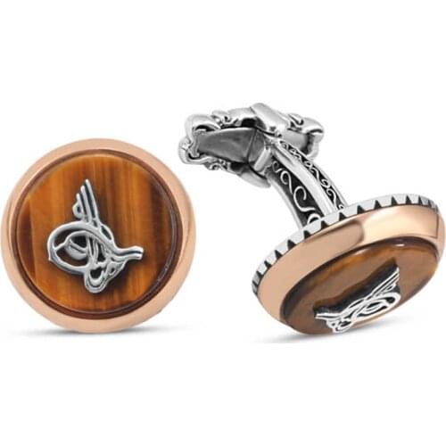 Silver Tiger Eye Gemstone Ottoman Tuğralı Cufflink