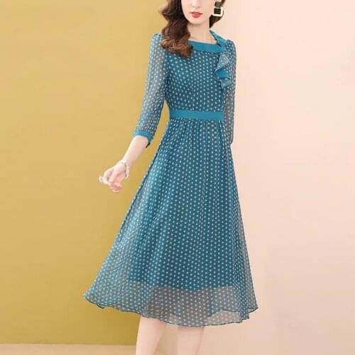 Chiffon Polka Dot Womens Dresses Female Stand Collar Short Sleeve Loose Print Dress For Women Fashion Casual Clothes