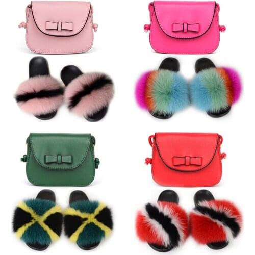 Childrens Colorful Fox Fur Slippers Girls Fluffy Sandals Kids Furry Slides Fashion Shoes Cute Flip Flops PU Shoulder Bags Sets