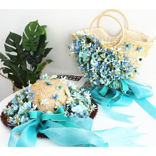 Summer Lady holiday beach straw hat Sun cap Women Handmade boho Panama caps Knitting weave Tote bags Raffia Handbag sets