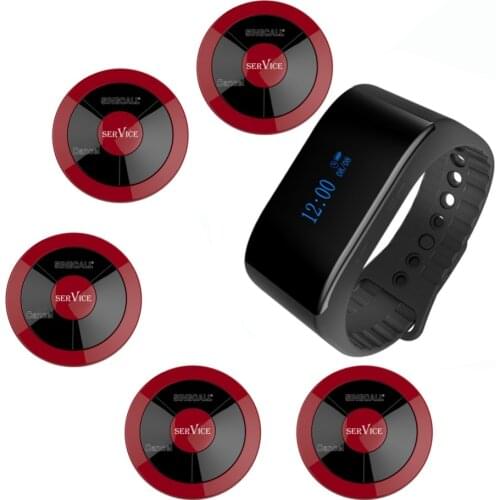 SINGCALL Wireless Waiter Call System Hotel Call 1 New waterproof Bracelet Mobile Receiver APE6900, 5 Multi-Key pagers APE320 Red
