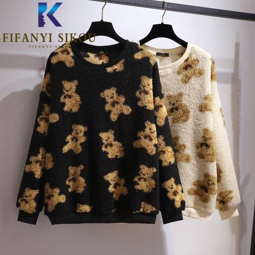 Autumn Winter Women Hoodies Thick Warm Lambswool Sweatshirt Fashion Cartoon Print Pullover Female Loose Plus Size Plush Coat