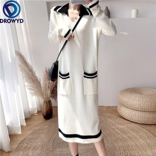 2021 High Quality Korean Version of The Autumn and Winter New Mid-length Loose and Thin Sweater Skirt Polo Collar Knitted Dress