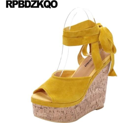 Ladies new platform fetish shoes pumps stripper yellow cross strap wedge sexy peep toe slingback high heels 14cm lace up tie