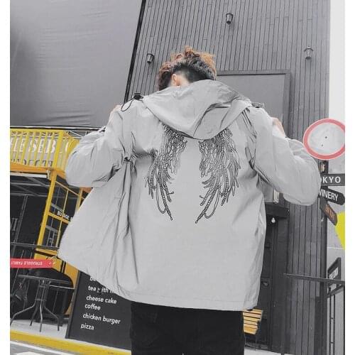 TANG New Hiphop Wings Letters Printed Couple Windbreaker Hooded Fluorescent Coats Outwear Men 3M Reflective Jacket Waterproof