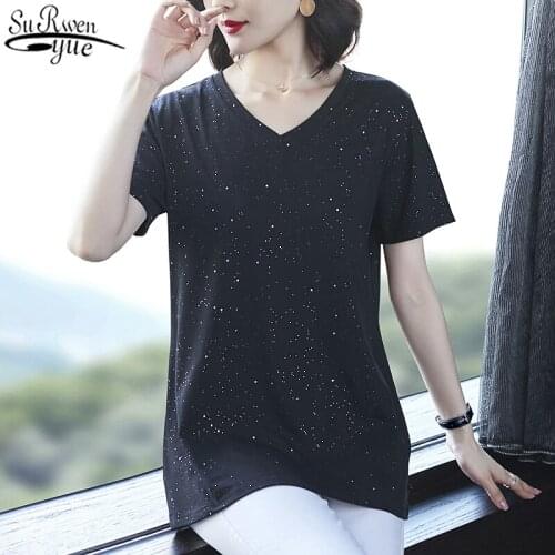 Women Big Girl slim Summer Top Large Size 4XL Mid-Length Female V-neck Short Sleeve 2021 New Simple Loose T-shirt 10136