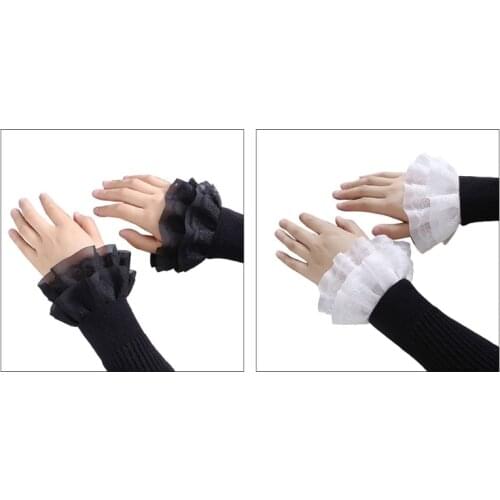 Women Sweet Fake Sleeves Double Layer Ruffles Lace Flared Cuffs Wrist Warmers