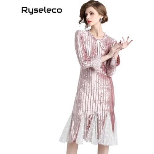 Women New Chic Elegant Slim Flare Sleeve Velvet Casual Dresses OL Dot Mesh Patches Ruffles Trumpet Mermaid Fish Tail Party Wear