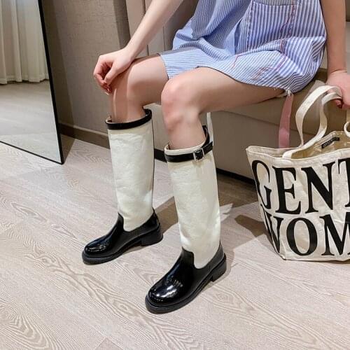 Luxury brand new winter riding boots womens shoes patent leather mixed denim fashion punk motorcycle boots bottes femme