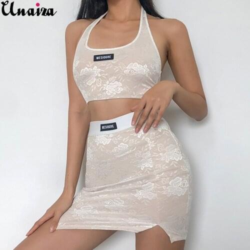 UNAIZA 2021 Women Set Skirt Summer Womens New Style Halter Mesh Stitching Navel Mini Vest Half-Length Skirt Casual Set Skirt
