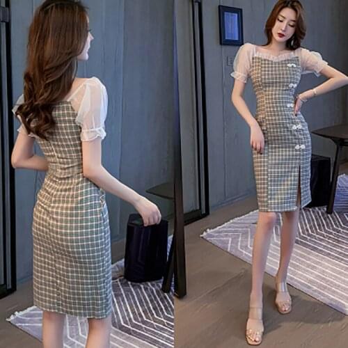 Retro Temperament Chinese Style Grid Hubble-bubble Sleeve Cheongsam Fairy Skirt Balloonflower Summer A-line Dress Net Yarn