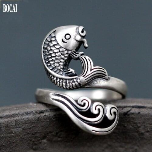 2020 new 100% real solid S925 pure silver fashion jewelry ring for woman water ripple carp index finger ring woman silver ring