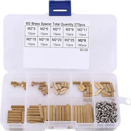 270Pcs M2 Female X Female Hex Brass Standoff with Metal Screws Assortment Kit with Plastic Box