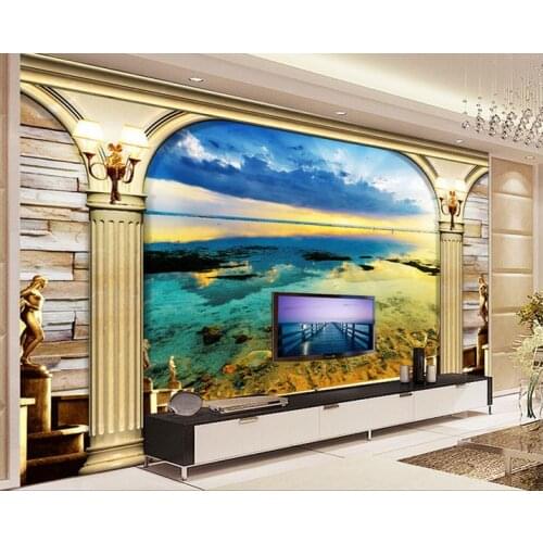 3D custom non-woven wallpaper 2015 new 3 d the seaside sunset tianshui Roman column TV setting wall beauty mural home decoration