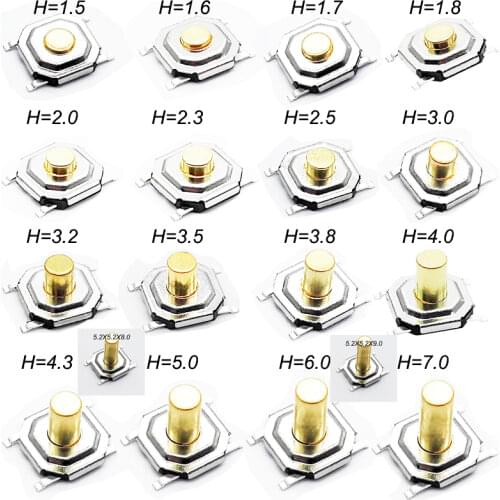 Promotion!50PCS 5.2x5.2mm Height From 1.5mm To 9mm Momentary Metal Tactical Push Button Switch SMT 4PIN Key Button