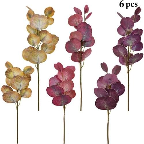 6 Branches Lifelike Artificial Eucalyptus Stem Decor Plastic Faux Green Leaf Stem Branch Decorative For Wedding Party Events